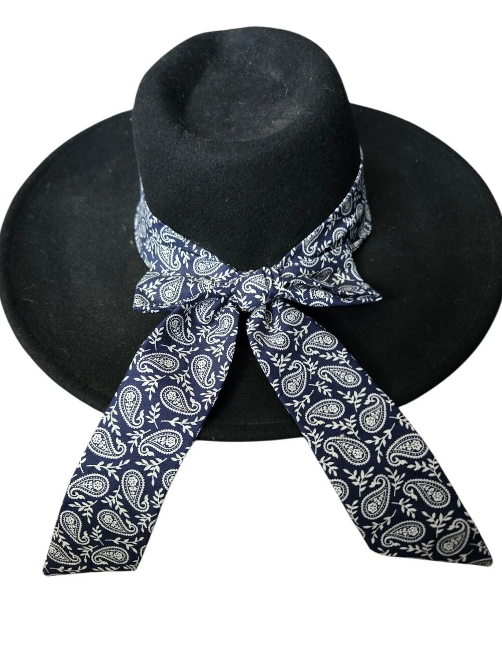 🖤 World Market 100% Wool Wide Brim Rancher Hat | Black | Paisley Scarf Band